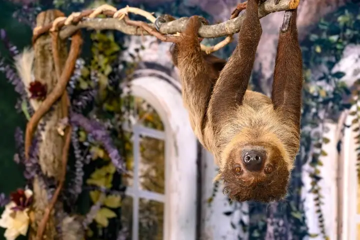 A sloth hangs upside down from a branch against a floral, garden-themed background.