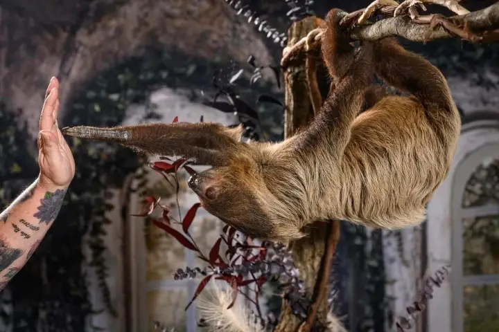 A sloth hanging from a branch reaching for a tattooed person's hand indoors.