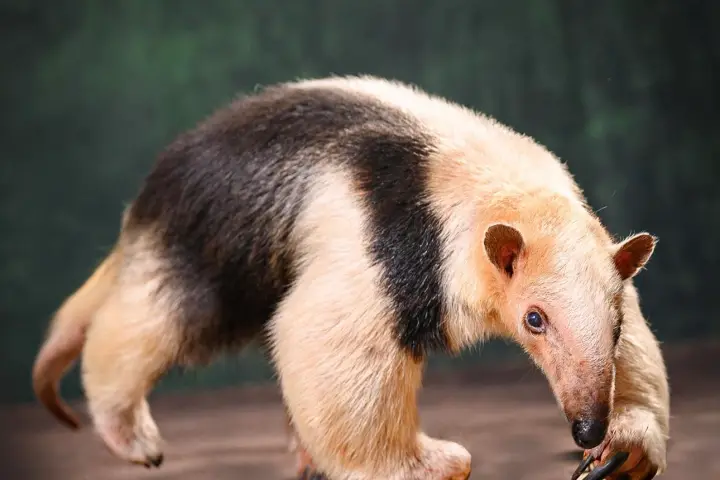 A tan and black anteater with a long snout stands on a brown surface.