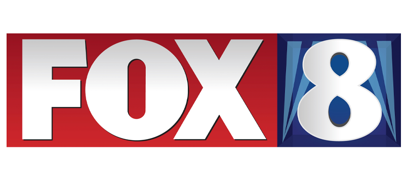 Logo with text 'FOX 8' in bold white letters on red and blue background.