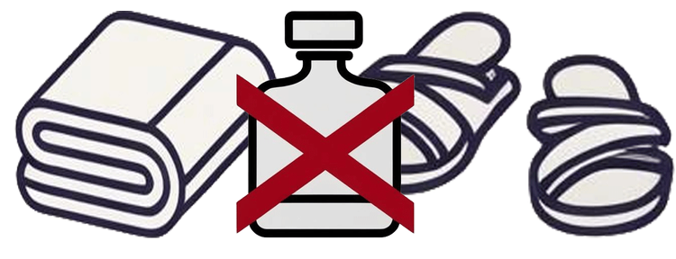 Towel and slippers flanking a bottle with a red cross over it.